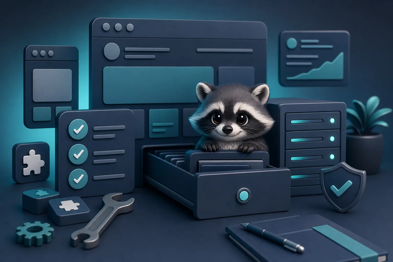 Dev the raccoon mascot peeking from a tidy website maintenance workspace with checklist, server, wrench, and security icons.